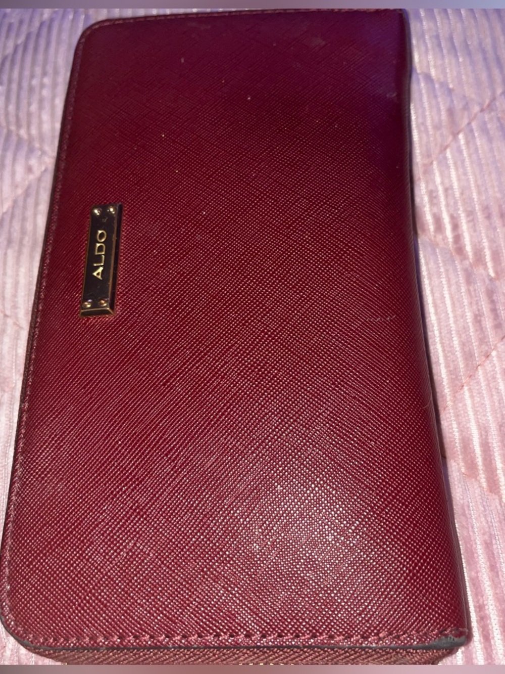 ALDO Maroon Saffiano Leather Continental Wallet with Gold Logo
